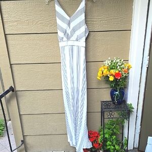 CALS White Black Stripe Chiffon Maxi Dress Medium